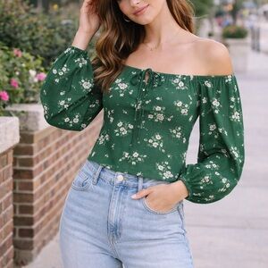 Abercrombie & Fitch Green Floral Off Shoulder Puff Sleeve Crop Top | L | NWT
